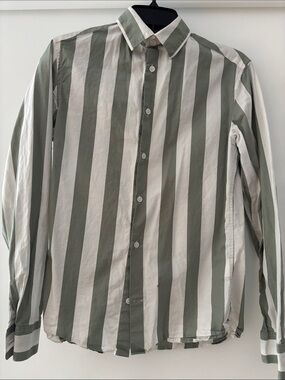 Green and White Stripe Men's Button-Up Shirt